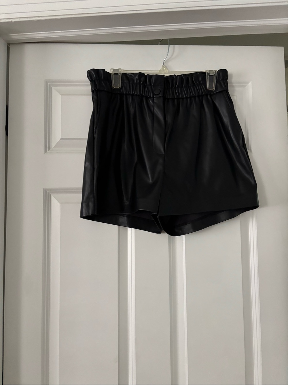 Black Faux Leather Paperbag Waist Women's Shorts